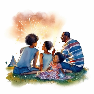 black family watching Fourth of July fireworks, sitting on blanket on grass, clipart, watercolor style, defined edges, white background