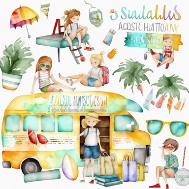 watercolor summer vacation from school clip arts, end of school year clipart, white background, no letters