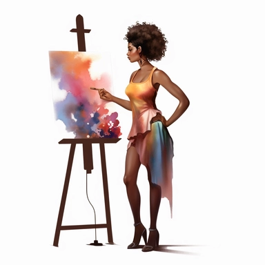 watercolour dark skin lady standing in front of an art easel hd clipart white background
