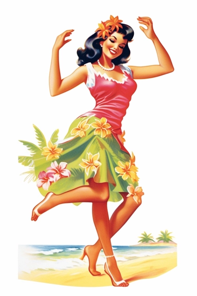 a woman hawaiian doing a luau on a beach, retro cartoon, drawing clipart, Tropical Sublimation, Coconut Girl, Hibiscus, white background