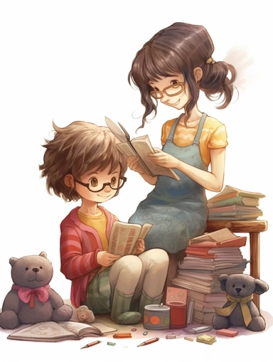 girl, 8 years old, reading a book, and woman, 30 years old sewing a stuffed animal, clipart style