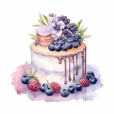 clipart, isolated on white background, Watercolor cake with flowers and berries, ornated, pastel colors