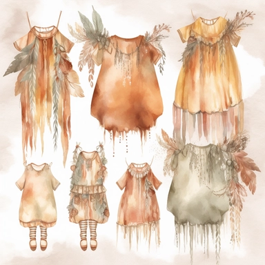 *Design a watercolor clipart featuring bohemian-style baby cloth such as flowy dress, romper, and fringed vest. Use earthy tones and delicate lines to capture the free-spirited vibe, white background