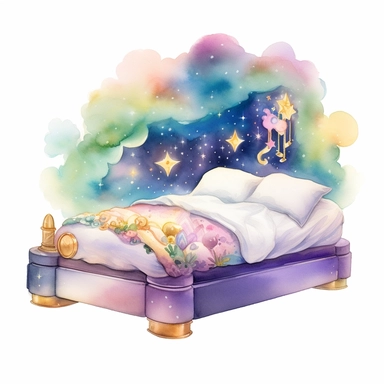 cartoon fairy bed, floating on clouds, glowing lights stars and sparkles, colors of green purple gold and blue, glamorous realistic and detailed, watercolor, white background with margins, clipart style