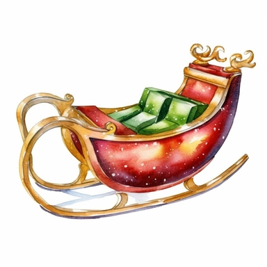 watercolor clipart of Christmas sleigh, red green gold colors, isolated on white background