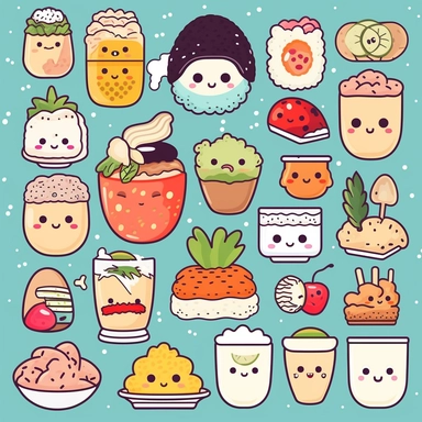 Kawaii Y2K clipart illustrations of delicious food and drinks: Generate high-quality illustrations of cute sushi rolls with fun faces and bright colors. Create charming illustrations of coffee cups with cute designs such as hearts, stars, and stripes. Design endearing illustrations of fruits such as watermelon, pineapple, and strawberry with cute faces and expressions. Generate lovable illustrations of vegetables such as carrots, tomatoes, and broccoli with cute shapes and colors.