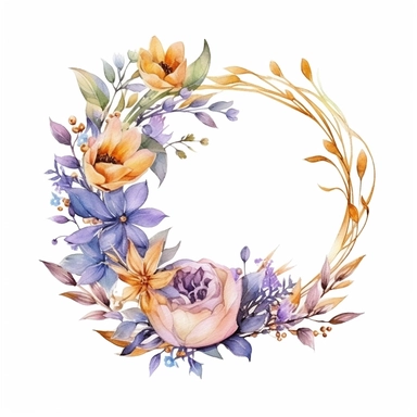 clipart, isolated on white background, Watercolor spring floral gold wreath, detailed, ornated, pastel colors