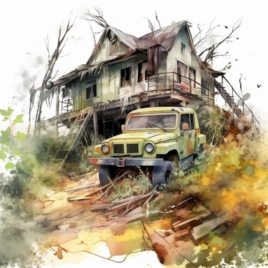 watercolor clipart army abandoned in a post apocalypse overgrown nature