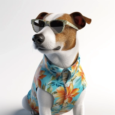 A hyper-realistic Jack Russell Terrier dog wearing a stylish Hawaiian shirt and cool sunglasses, depicted on a white background in a clip art style. Cinematic, hyper-detailed and insanely detailed, the image is beautifully colored with the help of the Unreal Engine. The depth of field (DOF) effect enhances the visual impact, while the super resolution and high megapixel count ensure exceptional image quality. Lighting is rendered with cinematic precision, incorporating anti-aliasing techniques l