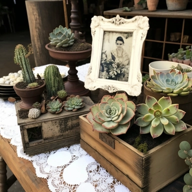succulents are displayed at a tabletop setting along with empty succulent crate boxes. a workshop is taking place so there is soil, moss, and succulent clippings decorated on a white lace tablecloth, in the style of intricately sculpted, rustic americana, ceramic, muted hues, hand-painted details , above the tabletop is a sunny gallery wall of vintage ornate frames in different shapes sizes and textures , plant hangers hanging plants hanging vines hanging , in the style of made of beads and yarn