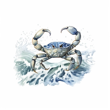Watercolor hand-drawn crab illustration - jumping up from the foamy ocean wave, playful, happy mammal. Character, logo, children wallpaper, doodle, cartoon. Marine clip art. Ocean, sea inhabitant. White Background