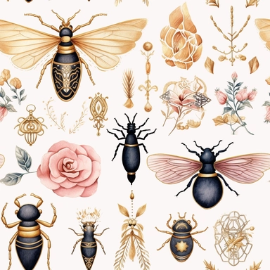 Draw a watercolor-style clip art images that feature objects related to an aesthetic adorned with floral designs. The images should have aesthetic, and should incorporate elements such as watercolor [gold] whimsical and cute illustration in watercolor of a White scarab with black ornaments on the body, in a Scandinavian folk art style with botanical and swirl motifs. light pink gold colors Traditional with a modern twist watercoloritem collection, isolated on a white background, gourmet, classy,