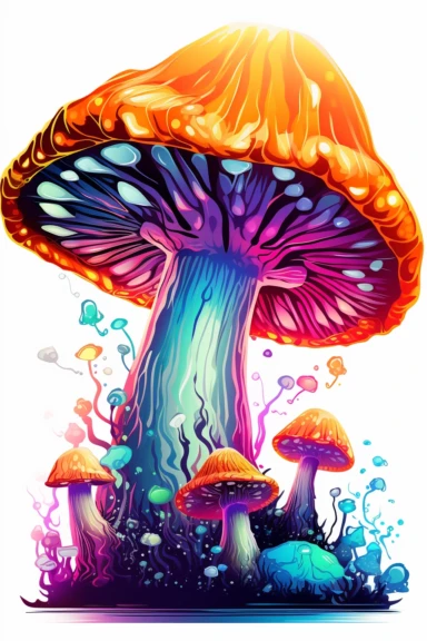 Fluorescence mushroom in psychedelic colors clipart, with white background