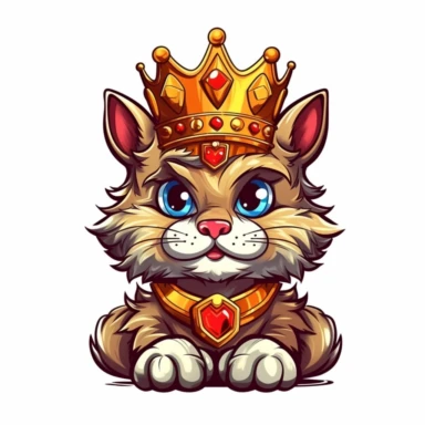 Cartoon king cat with crown clipart, high detail, illustration style, high solution, on the white background