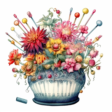 vintage sewing pin cushion with colorful flowers, illustration clipart, high detailed, white background, digital art, watercolor