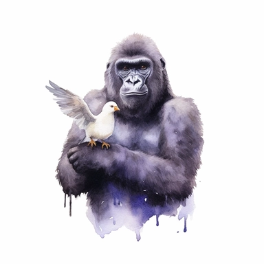realistic watercolor gorilla holding a bird with its 2 hands on solid white background, clipart