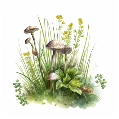 watercolor art of grass tuft with dandelions and mushrooms, in the style of realistic and hyper-detailed renderings, sketchfab, ahmed morsi, realistic watercolor paintings, use of common materials, handcrafted designs clipart