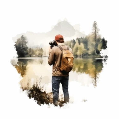 Create a watercolor clipart of a photographer capturing a beautiful landscape or an interesting subject