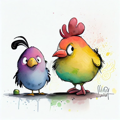 funny pink, yellow, blue, orange and green chicken, hen with rooster like a friend, cartoon style, white background, black outside lines, designs, white background, watercolor pencil drawing, small details, digital art, clipart, super acurate, –testp, pixar,