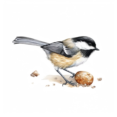 realistic watercolor chickadee eating seeds, on white background, spaced out, clipart