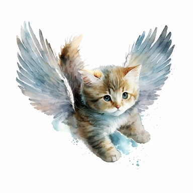 kitten with angel wings flying, cute, watercolor, white background, clipart