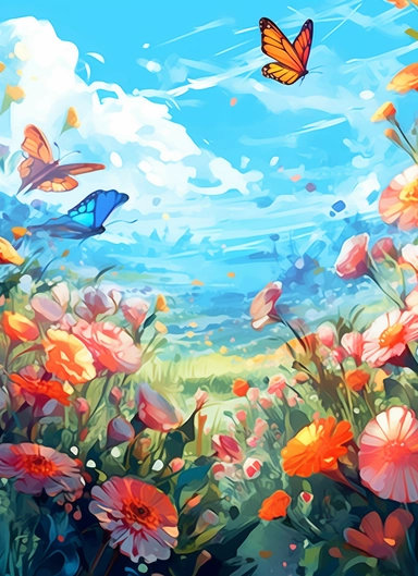 butterflies on a flower field, in the style of 2d game art, nostalgic paintings, 32k uhd, colorful dreamy watercolor scenes, adventure pulp, classical, historical genre scenes, rough-edged 2d animation, watercolor clipart
