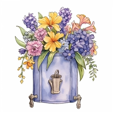 Design a hand-drawn watercolor clip art image of a family gift niche adorned with birth flowers representing each family member. Customize the image by selecting the birth flowers for a family of five: a January baby (Carnation), a March baby (Daffodil), a July baby (Larkspur), an October baby (Marigold), and a December baby (Holly). Ensure that the colors are vibrant and the composition radiates love and warmth.