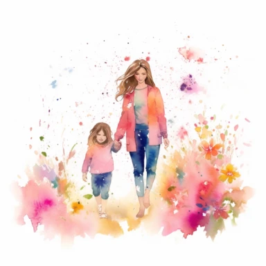 DetailedMother's day clipart featuring a smiling mother and child, holding hands while walking in a garden full of vibrant flowers and blooming trees, capturing the love and warmth between them, Watercolor painting, using soft pastel colors and light brush strokes to create a dreamy effect water color Mother, super cute, solid white background, clipart, motherhood