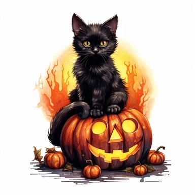 Black cat sitting in Jack - o' - lantern, halloween, isolated on white background watercolor, high detail, unique, intricate detail, hand Sublimation Clipart, Cartoon, hyper realistic, intricate detail, illustration style, high solution, on the white background