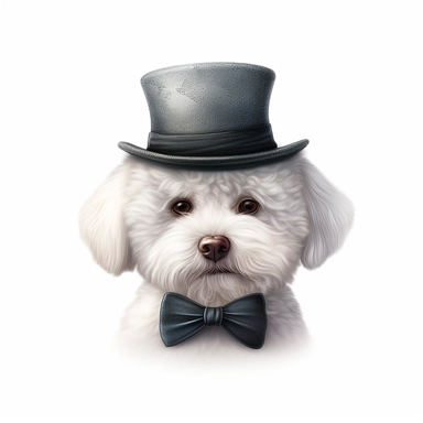 cute bichon wearing bowler hat, bow tie, realistic, vector, illustration, clip art, white background