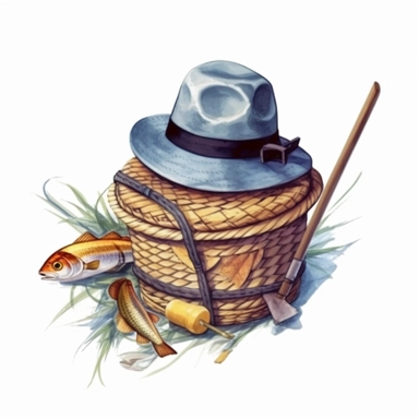 fishing basket And Hat Sublimation Clipart,Cartoon,hyper realistic, intricate detail, illustration style,high solution,on the white background