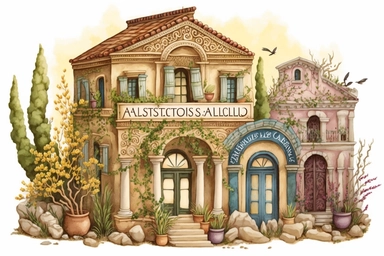 Very cute and Whimsical antique houses of Athens, ancient Greece, ancient architecture, period of B.C., colorful, Watercolor in the style of Drew Brophy, clip art, white background,