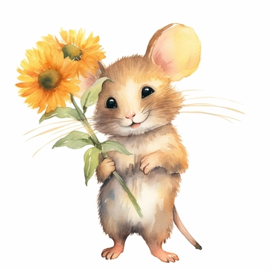 realistic clear watercolor of a cute happy mouse holding a flower clipart