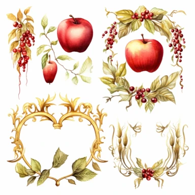 gold leaf and red apple frames, rococo, icicles, watercolor clipart