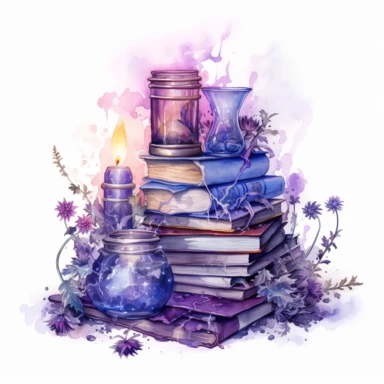 Spellbook, in the style of light silver and violet, mysterious and dreamlike scenes, realistic painted still lifes, vibrant watercolors, dreamlike installations, witchy academia, contest winner, watercolor clipart