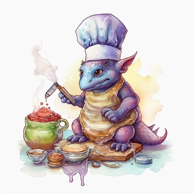 whimsical cute fantasy creature baking cakes in the kitchen, watercolor and ink, detailed illustration, concept art, clipart, cartoon, 32k, ar 9:8