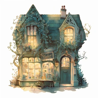 A cozy watercolor clipart image of an old fairy shaped bookstore with intricate details, the storefront should display different angles, the storefront should have various foliage, vines, and trees on it. night-time lighting, enchanting lighting, various styles of buildings and european cultures,neutral and muted tones, delicate subtle colors,