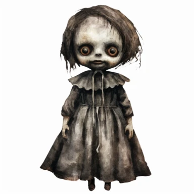mystical dark scary watecolor halloween evil horror doll clipart, hd 4k, detailed, focused, isolated on white background