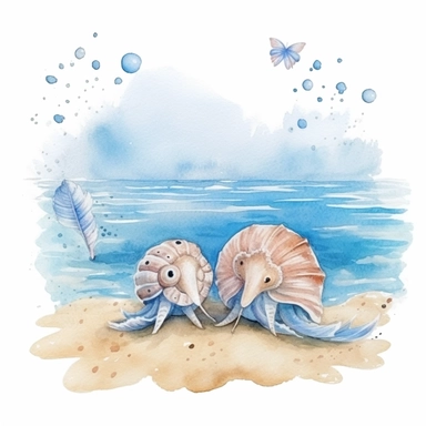 The beach blue waves has heart, couple, snails, starfish. . . , Watercolor Clipart, details