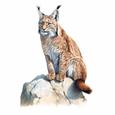 oil painted Lynx sitting on a rock clipart, highly detailed, white background