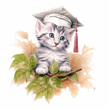 a small cute smiling kitten , wearing a graduation hat, color pencil sketch on a white background for clipart, small branch of ivy