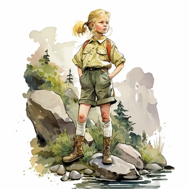 a cute scout girl, clipart, full body, blond, in nature, near river, watercolor