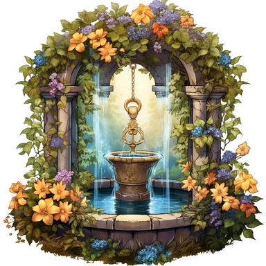Enchanted Floral Well: Create a clip art image of a well surrounded by lush, colorful flowers and vines. Add a touch of magic by incorporating elements like sparkling stars or glowing butterflies. You can depict the well with a bucket or stone wall, and emphasize the flowers overflowing from the well, giving it a magical and whimsical feel.