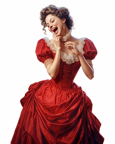 detailed happy beautiful lady , dressed in a red victorian vintage dress laughing and covering her mouth, hyper realistic, 8k, isolated on white backgorund, clipart