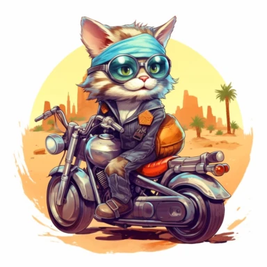 Create a clipart of a cute cat with glasses in a leather jacket with a shell on the back and riding a vintage motorcycle. Strong and vibrant colors. In the style of Uderzo. Desert landscape before a White Background, soft lighting.