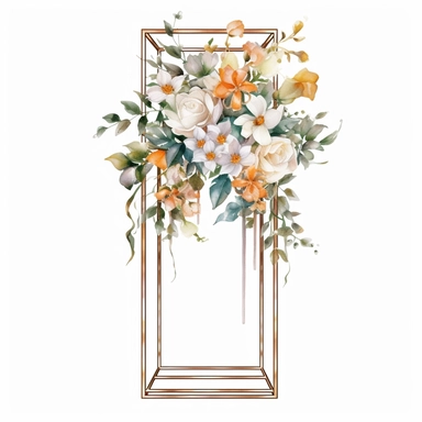 watercolour beautiful realistic white real floral wedding flower spray on gold rectangle tall frame stand realistic elegant wedding floral display stand with white glitter wedding flowers ,clip art graphics , PNG image,transparent background ,ultra highly detailed, 18k, sharp focus, bright photo with vibrant colours, digitally enhanced,photographic, enhanced graphics, png format, straight, sharp focus, bright lighting, intricate detailed png image ,high definition,300dpi,graphic clipart,computer