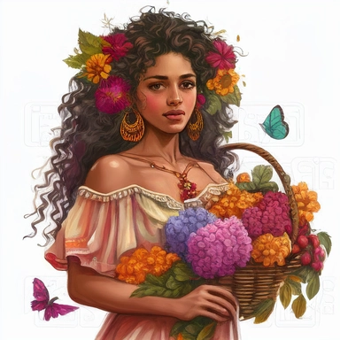 a gorgeous Indian woman, curly hair with ruffles, big basket with flowers in her hand, Van Gogh style, luxury, chain of flowers in the background, butterflies, dandelions, vibrant colors, dressed in several dresses, white background, clipart