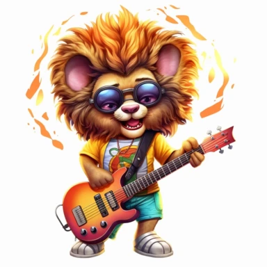 cute Lion character wearing rock music clothes and music element with happy face,front facing on isolated background,with happy face and expression,Animal Sublimation Clipart,no splash watercolor,white background, ultra detailed clipart, cut out image, colorful watercolor realistic, cartoon style, ultra HD, sharp and clean art