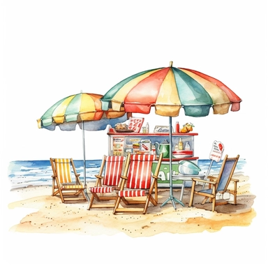 A retro-inspired beach scene with colorful umbrellas and beach towels, vintage-style beach chairs, and a beachside snack bar serving up refreshing drinks and tasty snacks, clipart, watercolor, white background, american style