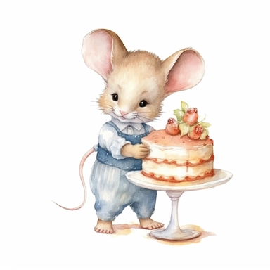 watercolor clip art illustration, cute little mouse boy, in vintage dress, clutching a cake, profile view, white background